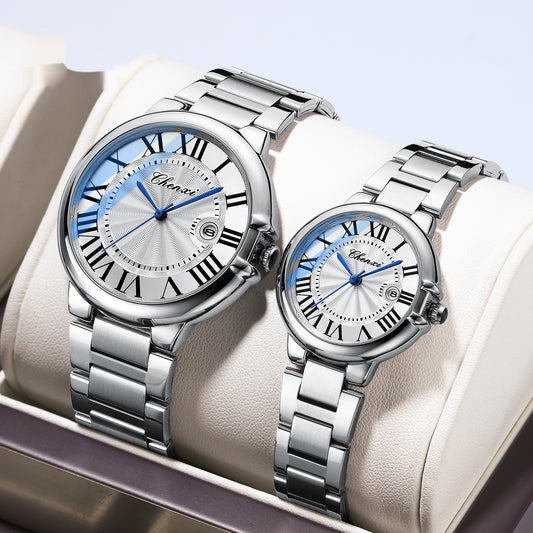 CHENXI Romance: Classic Roman Couple Watches with Calendar & Luminous Steel Belt